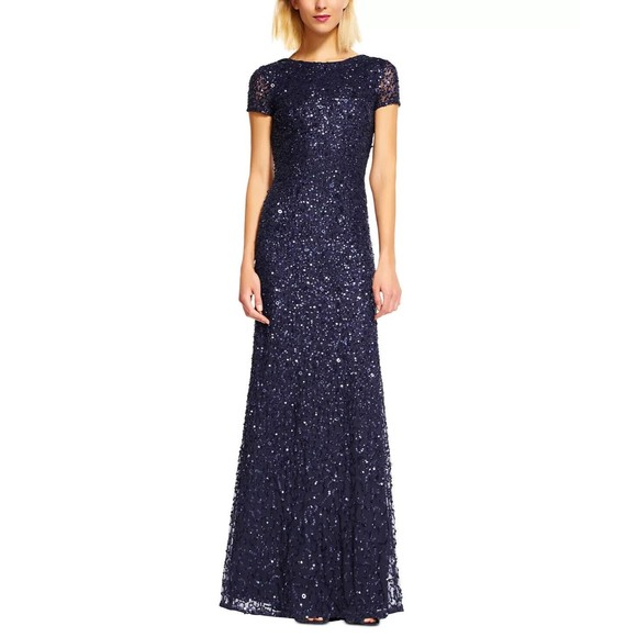 💙 ADRIANNA PAPPEL Navy Blue Sequin Embellished Beaded Gown w/ Train 0P Petite - Picture 1 of 7